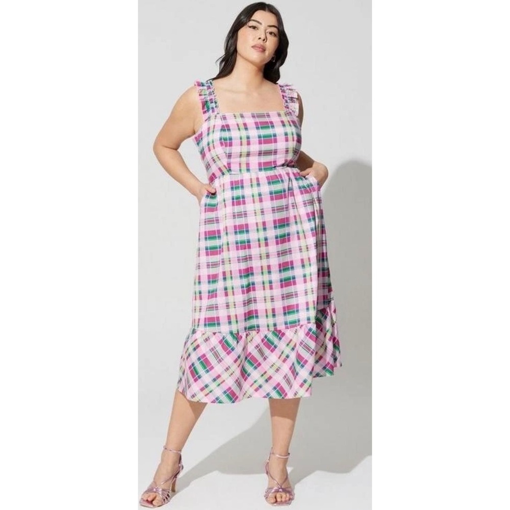Torrid 2 Pink Green Plaid Square Neck Midi Dress Ruffle Straps Pockets 2x 18 20